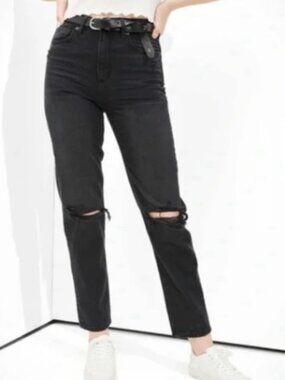 American Eagle Jeans Womens 6 Black Mom Straight Leg High Rise Dark Wash Ripped